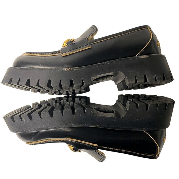 Gucci Black Leather Lug Sole Horsebit Loafers EU 36 Gold Horsebit Bee Embroidery - Picture 7 of 13